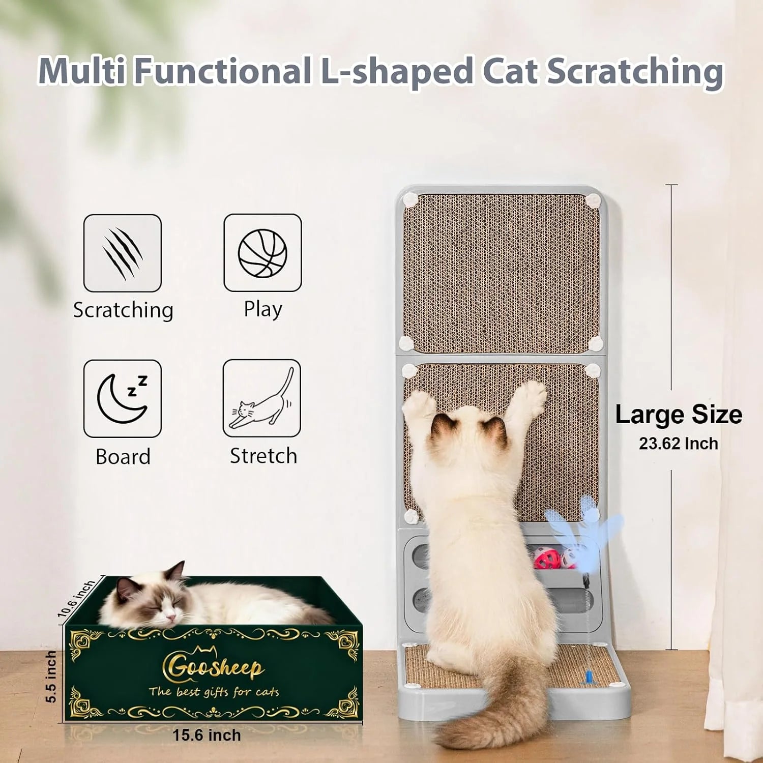 Cat Scratching Post Cat Scratching Board,2-In1 L Shaped Cats Cardboard Scratcher with Box, Kitten Scratcher Ball Wall Scratchers Pad for Indoor Cats