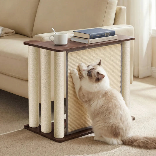 Veehoo Couch Protector from Cat Claws, Couch End Table with Cat Scratch Panel and Scratching Posts, Pet Corner Sofa Side Table Scratcher, Black Walnut, Right