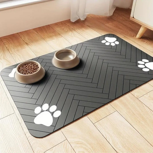 Quick Drying Absorbent Pet Feeding Mat for Dogs and Cats, Non-Slip Rubber Bottom, Dark Polyester Surface for Indoor Use