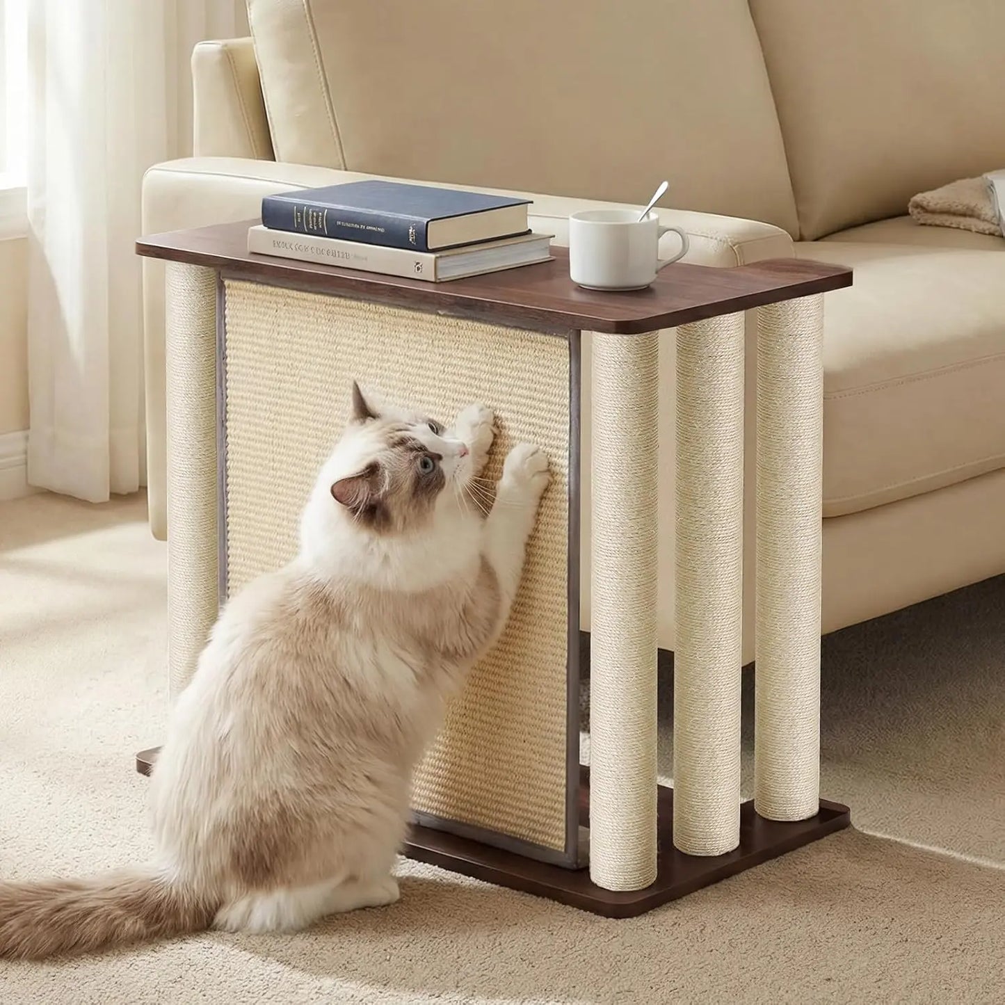 Veehoo Couch Protector from Cat Claws, Couch End Table with Cat Scratch Panel and Scratching Posts, Pet Corner Sofa Side Table Scratcher, Black Walnut, Right