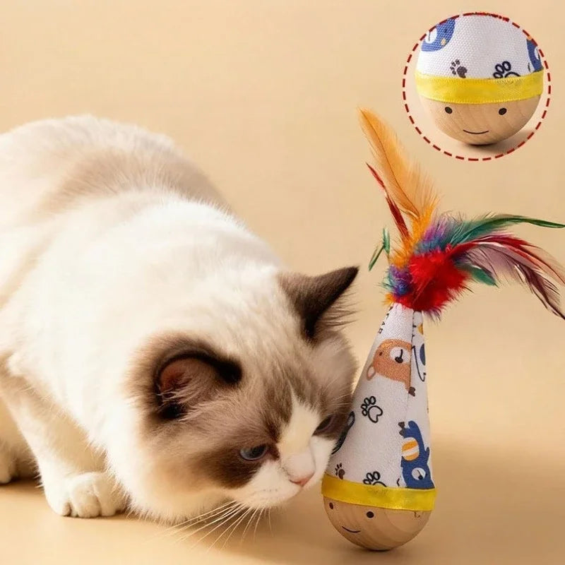 Self-Entertaining Cat Tumbler Twist Toy with Feather Wear-Resistant Wooden Base Interactive Wobbler for Cats