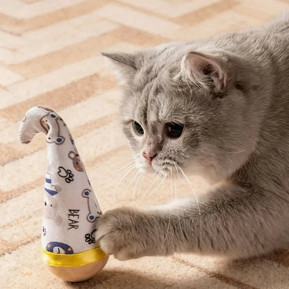 Self-Entertaining Cat Tumbler Twist Toy with Feather Wear-Resistant Wooden Base Interactive Wobbler for Cats