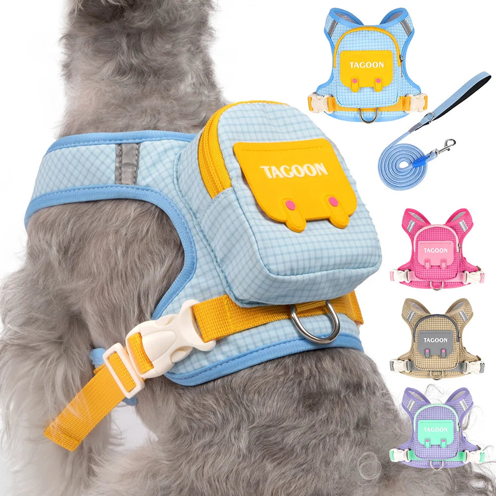 Dog Cat Harness and Leash Set, Reflective Adjustable Pet Vest with Backpack for Small Medium Dogs