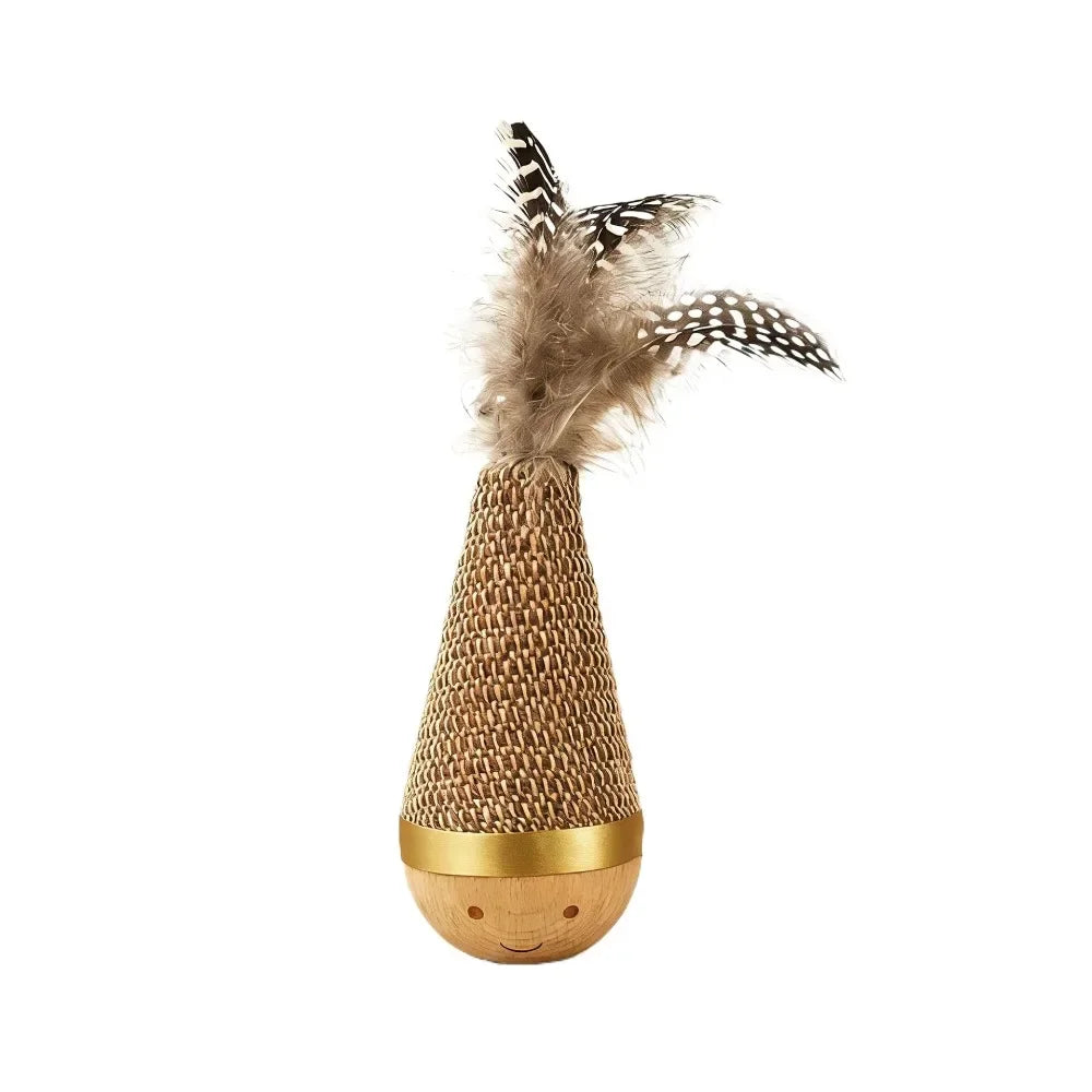 Self-Entertaining Cat Tumbler Twist Toy with Feather Wear-Resistant Wooden Base Interactive Wobbler for Cats