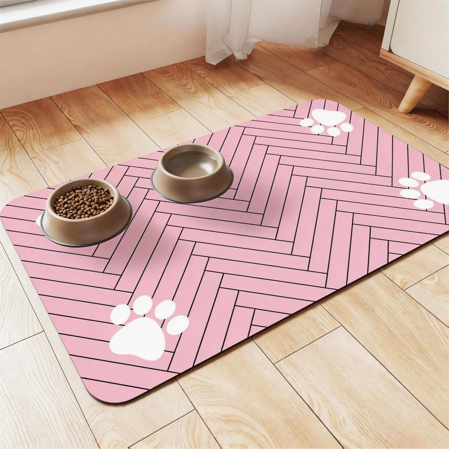 Quick Drying Absorbent Pet Feeding Mat for Dogs and Cats, Non-Slip Rubber Bottom, Dark Polyester Surface for Indoor Use