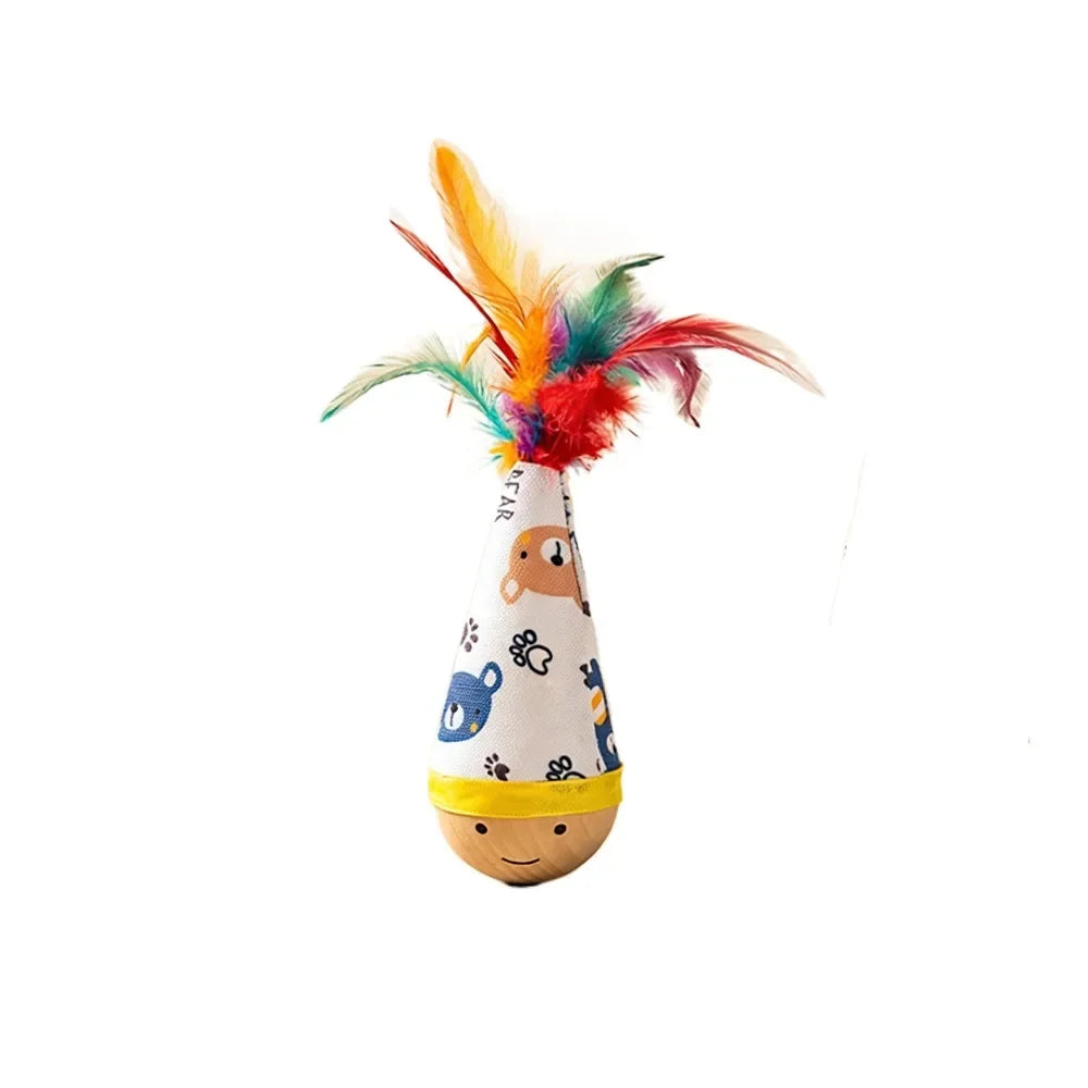 Self-Entertaining Cat Tumbler Twist Toy with Feather Wear-Resistant Wooden Base Interactive Wobbler for Cats