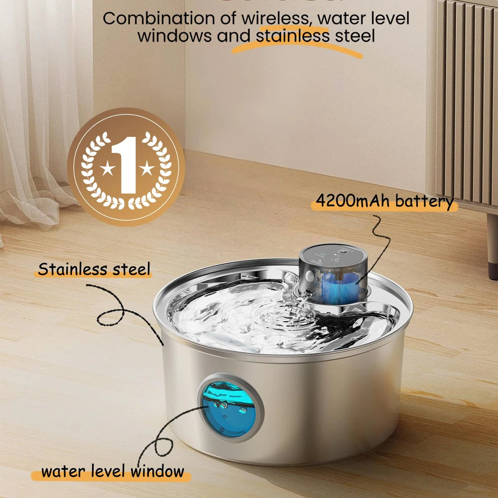 108 Oz/3.2L Stainless Steel Cordless 5V Cat Dog Pet Drink Water Fountain Rechargeable Automatic Water Feeder Motion Sensor Bowl