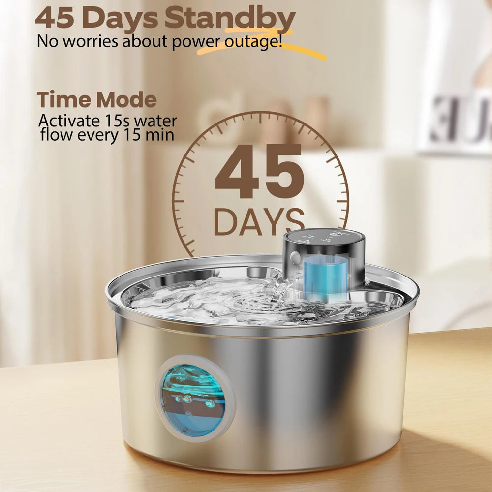 108 Oz/3.2L Stainless Steel Cordless 5V Cat Dog Pet Drink Water Fountain Rechargeable Automatic Water Feeder Motion Sensor Bowl