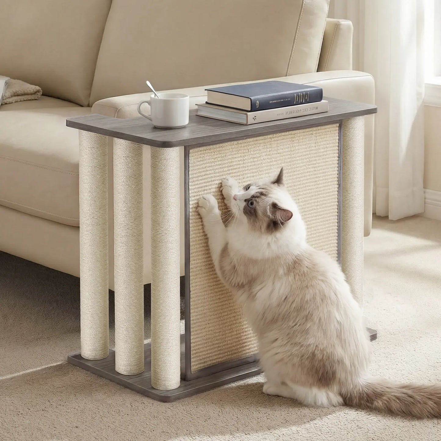Veehoo Couch Protector from Cat Claws, Couch End Table with Cat Scratch Panel and Scratching Posts, Pet Corner Sofa Side Table Scratcher, Black Walnut, Right