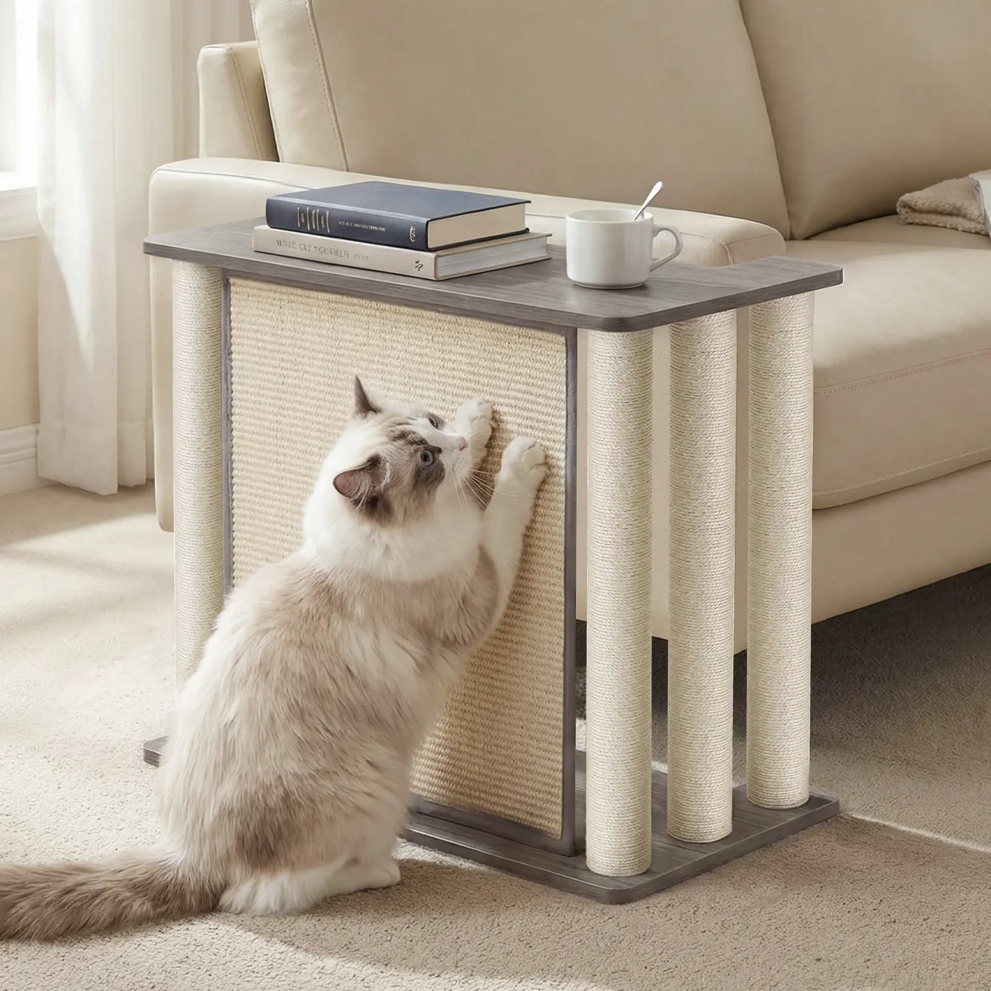 Veehoo Couch Protector from Cat Claws, Couch End Table with Cat Scratch Panel and Scratching Posts, Pet Corner Sofa Side Table Scratcher, Black Walnut, Right