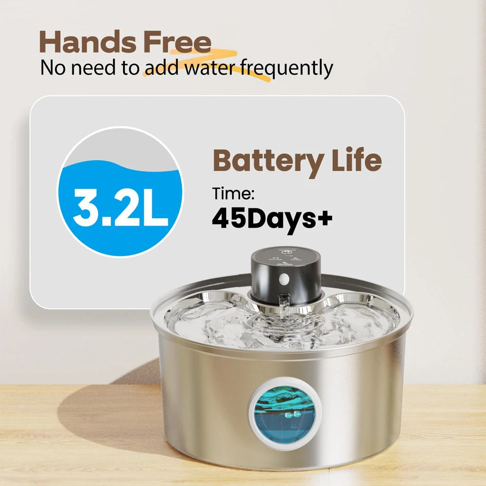 108 Oz/3.2L Stainless Steel Cordless 5V Cat Dog Pet Drink Water Fountain Rechargeable Automatic Water Feeder Motion Sensor Bowl