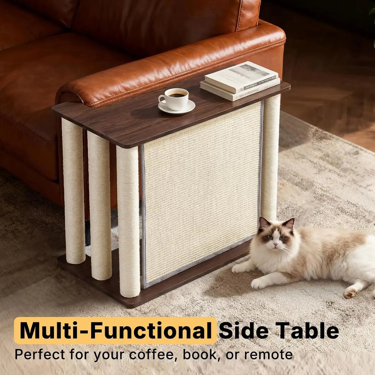 Veehoo Couch Protector from Cat Claws, Couch End Table with Cat Scratch Panel and Scratching Posts, Pet Corner Sofa Side Table Scratcher, Black Walnut, Right