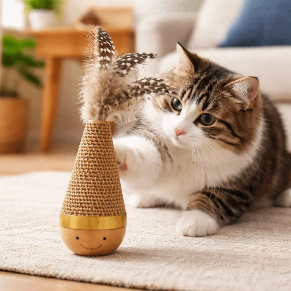 Self-Entertaining Cat Tumbler Twist Toy with Feather Wear-Resistant Wooden Base Interactive Wobbler for Cats